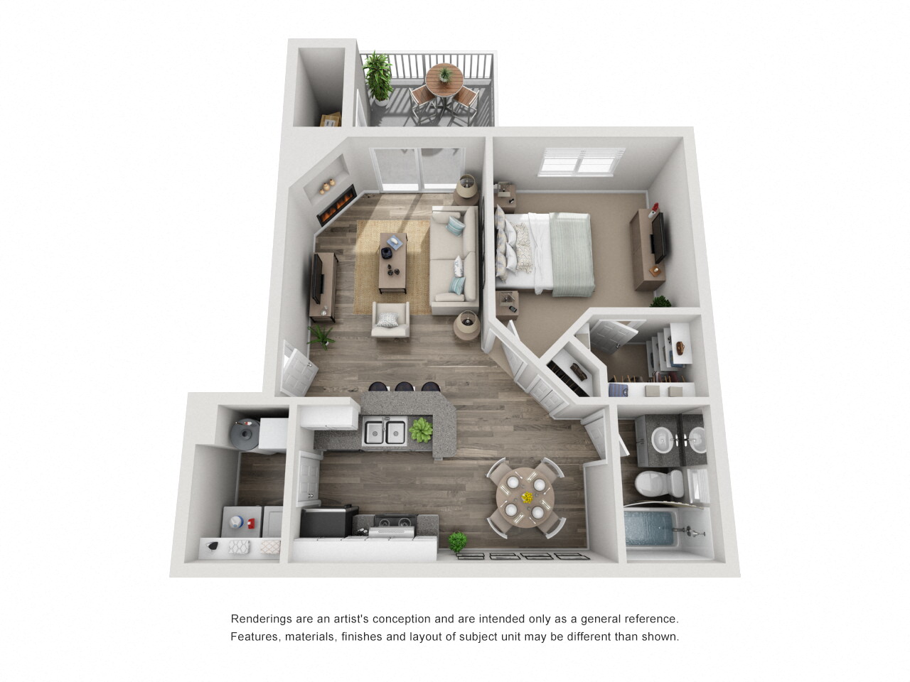 Floor plan for 1 bed, 1 bath, 750 sqft